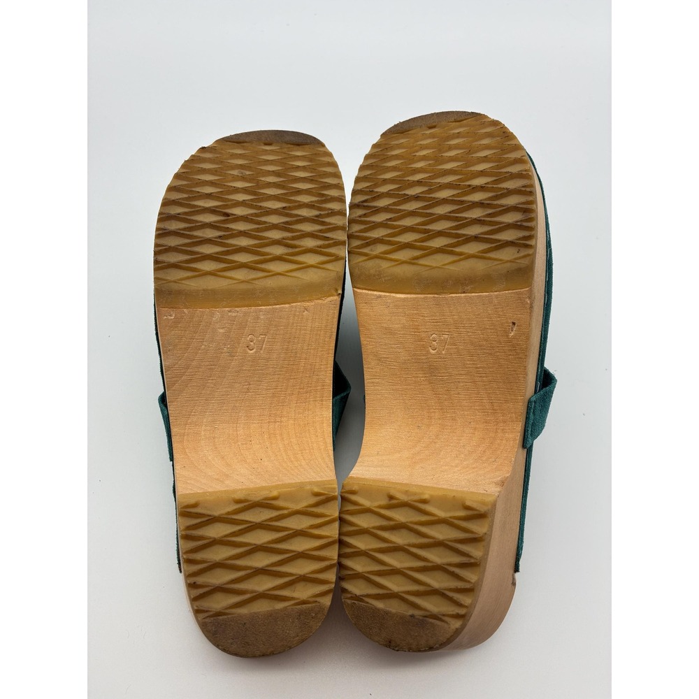 Swedish Hasbeens Teal Suede Clogs, Size 37 (US 6.5-7), Wood Sole Slip-On Mules - Picture 10 of 11